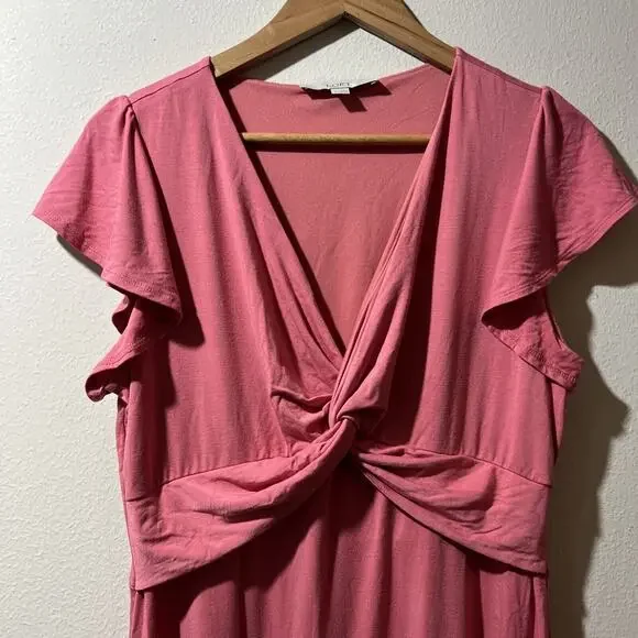 Women’s LOFT Coral Knit Dress Front Twist Size Medium Fit & Flare Knee Length - Picture 2 of 9